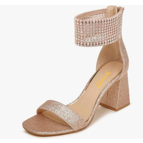 XYD Gold Studded Rhinestone Sandal Chunky Heel Elastic Wide Ankle Strap Shoes - Picture 1 of 8